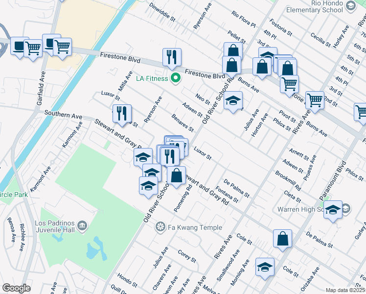 map of restaurants, bars, coffee shops, grocery stores, and more near 11811 Old River School Road in Downey