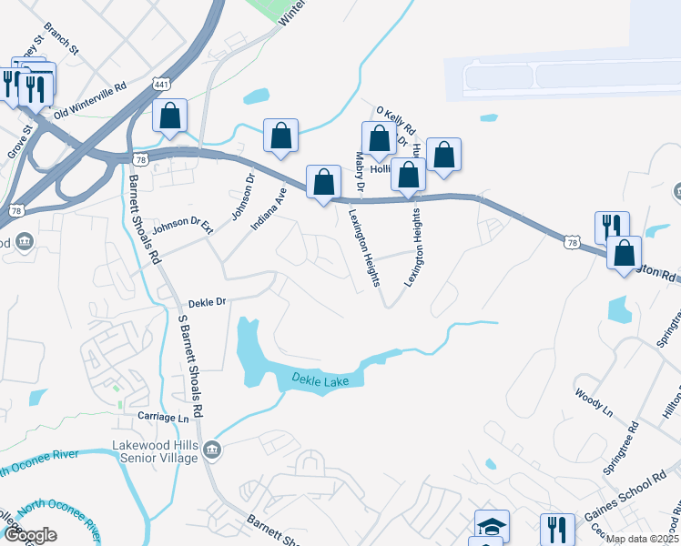 map of restaurants, bars, coffee shops, grocery stores, and more near 1940 Lexington Road in Athens