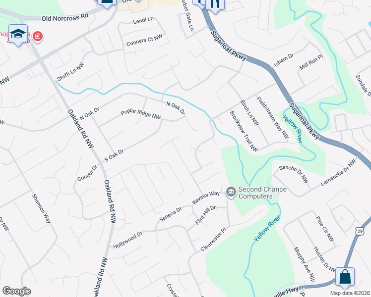 map of restaurants, bars, coffee shops, grocery stores, and more near 540 Ringtail Drive in Lawrenceville