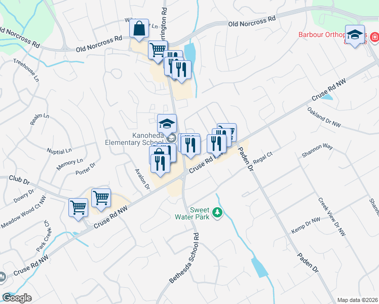 map of restaurants, bars, coffee shops, grocery stores, and more near 2572 Pembrooke Way in Lawrenceville