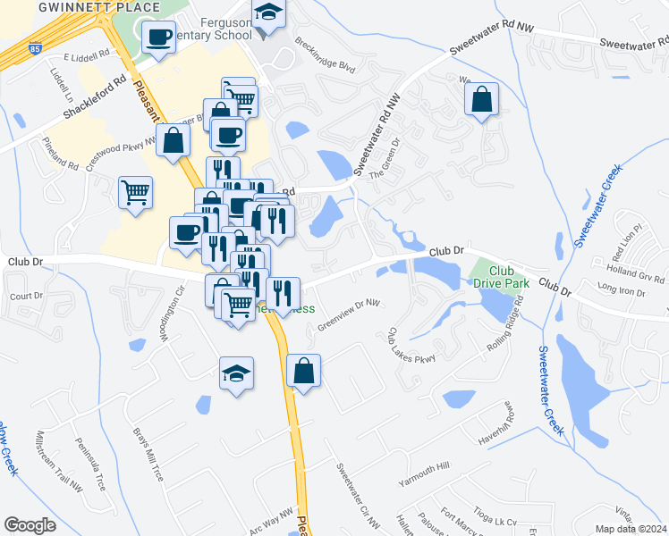 map of restaurants, bars, coffee shops, grocery stores, and more near 3501 Club Drive in Lawrenceville