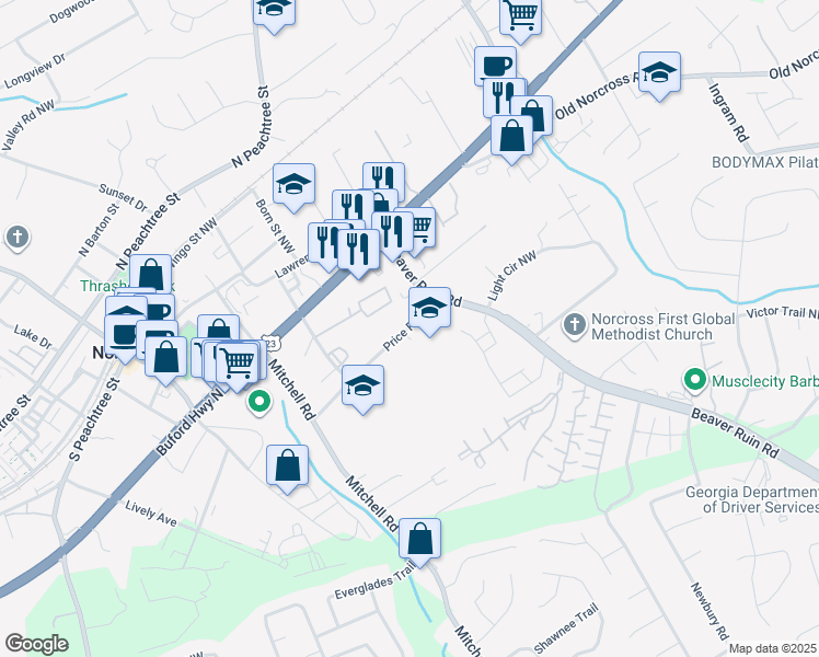 map of restaurants, bars, coffee shops, grocery stores, and more near 394 Price Place Northwest in Norcross