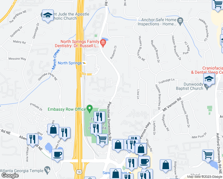 map of restaurants, bars, coffee shops, grocery stores, and more near 6850 Peachtree Dunwoody Road Northeast in Atlanta