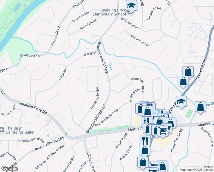 map of restaurants, bars, coffee shops, grocery stores, and more near 6855 Brandon Mill Road Northwest in Atlanta