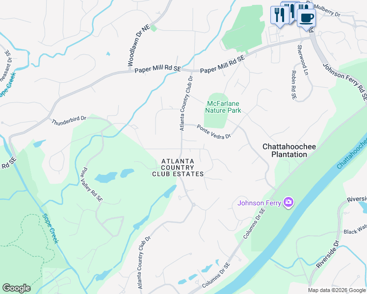map of restaurants, bars, coffee shops, grocery stores, and more near 1 Chattahoochee Plantation Drive Southeast in Marietta