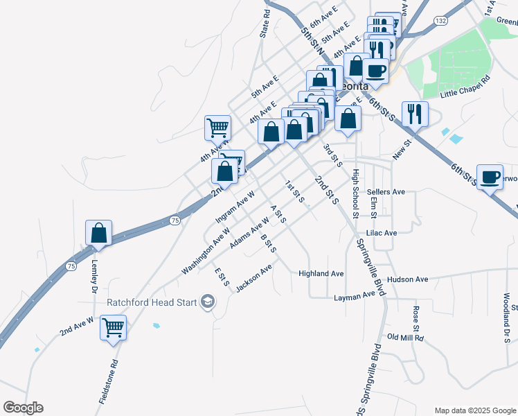 map of restaurants, bars, coffee shops, grocery stores, and more near 201 Washington Avenue West in Oneonta