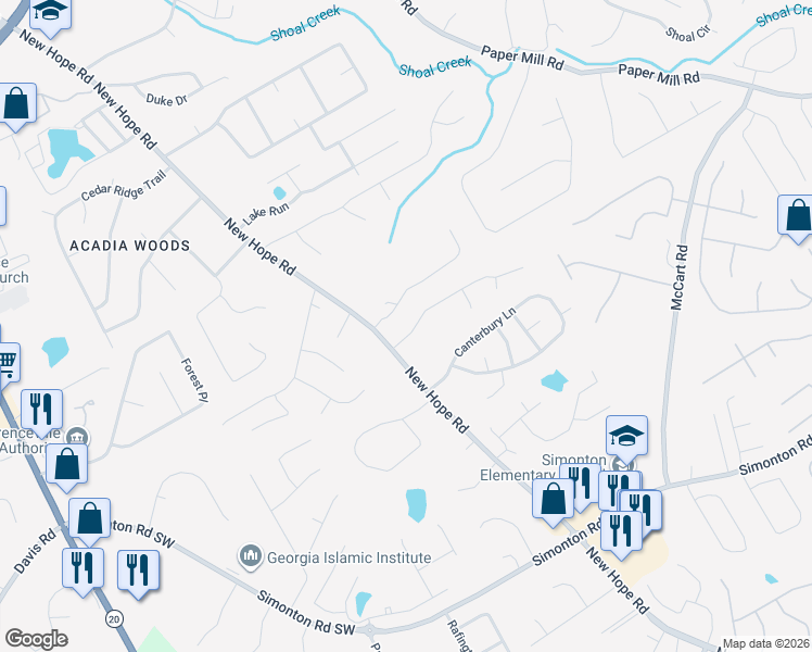 map of restaurants, bars, coffee shops, grocery stores, and more near 164 Hickory View Drive in Lawrenceville