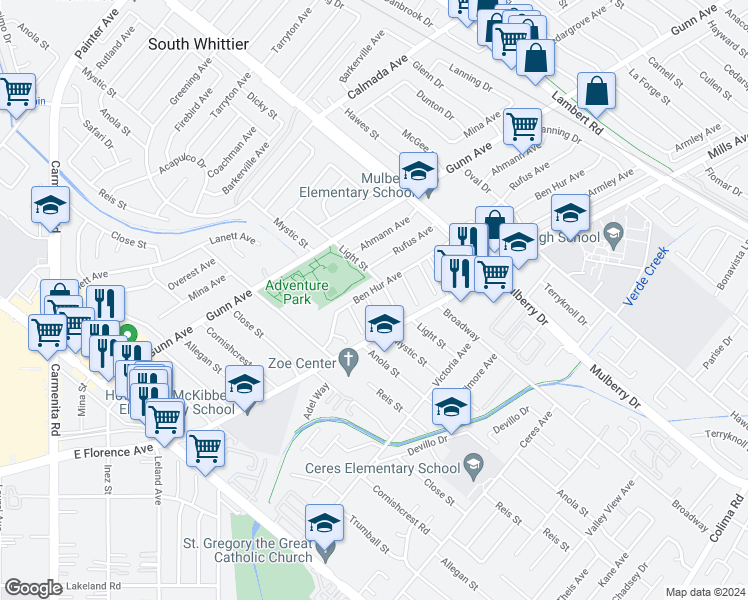 map of restaurants, bars, coffee shops, grocery stores, and more near 13909 Mystic Street in Whittier