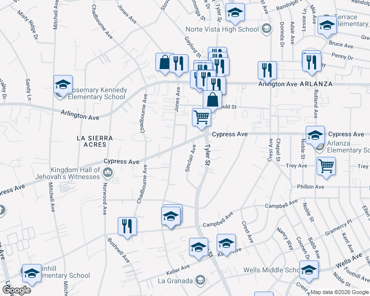map of restaurants, bars, coffee shops, grocery stores, and more near 10372 Cypress Avenue in Riverside