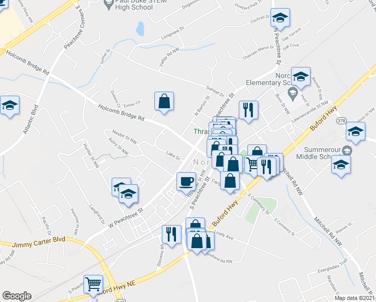 map of restaurants, bars, coffee shops, grocery stores, and more near 220 West Peachtree Street in Norcross