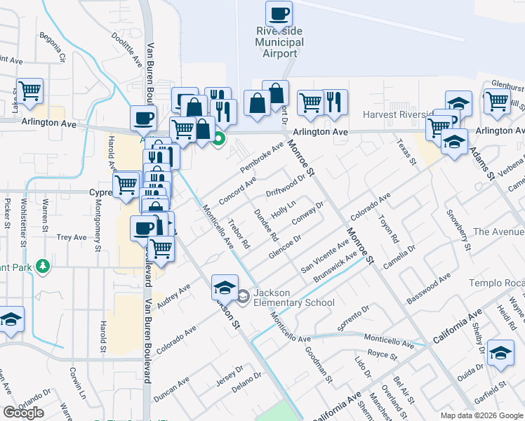 map of restaurants, bars, coffee shops, grocery stores, and more near 4757 Dundee Road in Riverside