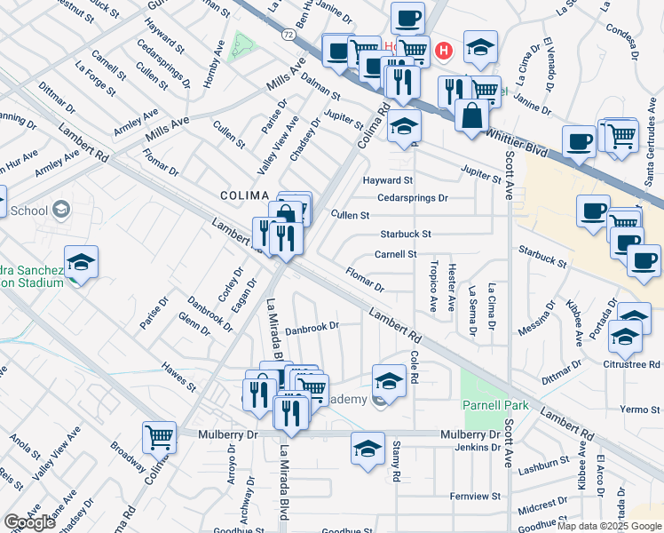 map of restaurants, bars, coffee shops, grocery stores, and more near 14958 Flomar Drive in Whittier