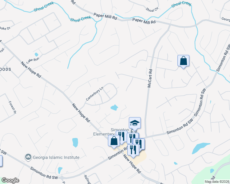 map of restaurants, bars, coffee shops, grocery stores, and more near 401 Canterbury Lane in Lawrenceville