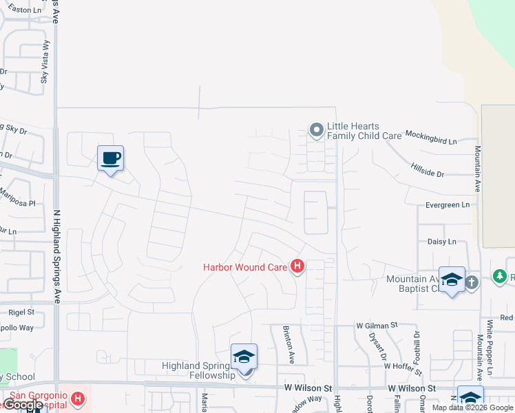 map of restaurants, bars, coffee shops, grocery stores, and more near 5231 Eureka Avenue in Banning