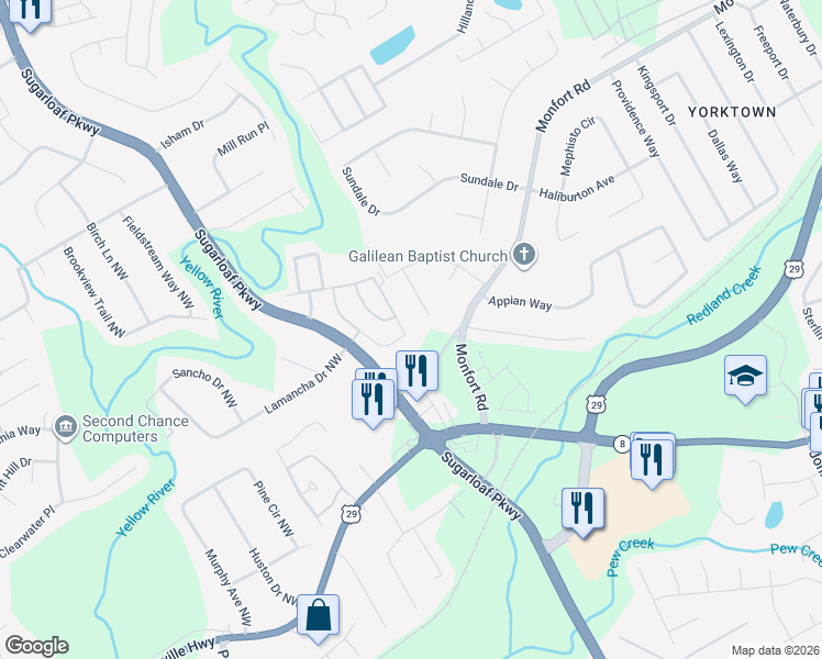 map of restaurants, bars, coffee shops, grocery stores, and more near 628 Parc River Boulevard in Lawrenceville