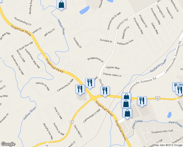 map of restaurants, bars, coffee shops, grocery stores, and more near 316 Rockland Way in Lawrenceville