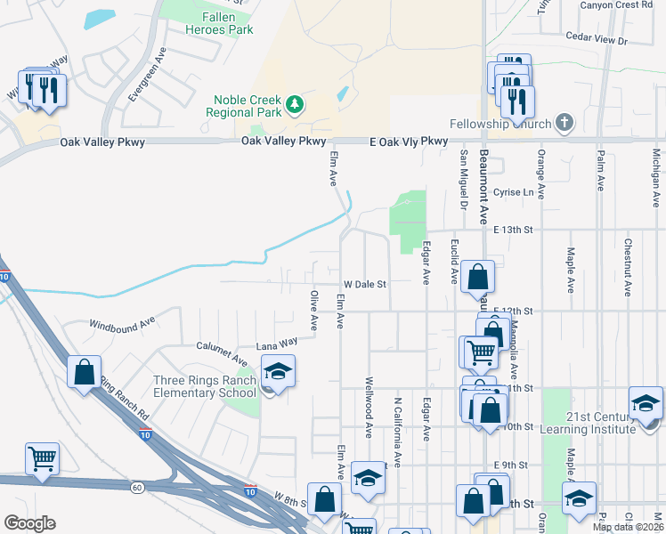 map of restaurants, bars, coffee shops, grocery stores, and more near 1245 Elm Avenue in Beaumont