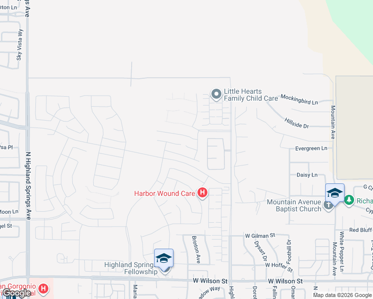 map of restaurants, bars, coffee shops, grocery stores, and more near 5148 Hackberry Place in Banning