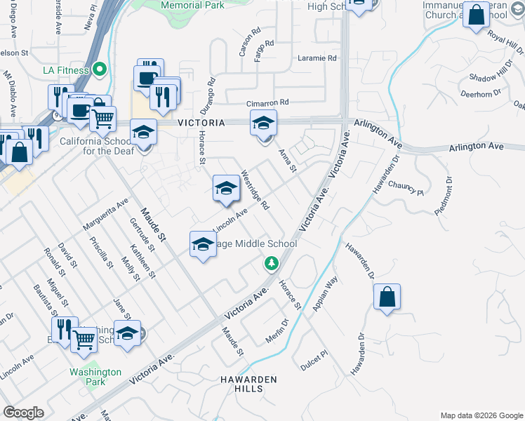 map of restaurants, bars, coffee shops, grocery stores, and more near 2875 Westridge Road in Riverside