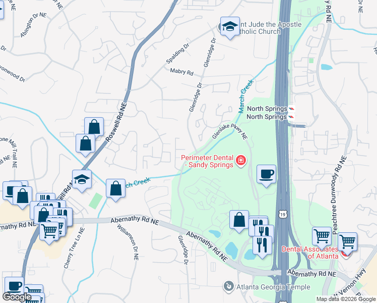 map of restaurants, bars, coffee shops, grocery stores, and more near 6812 Glenridge Drive in Atlanta