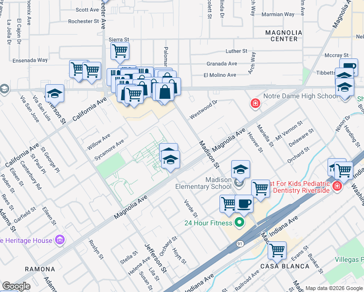 map of restaurants, bars, coffee shops, grocery stores, and more near 3871 San Mateo Avenue in Riverside