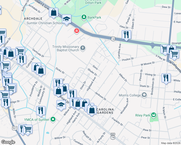 map of restaurants, bars, coffee shops, grocery stores, and more near 22 Shuler Drive in Sumter