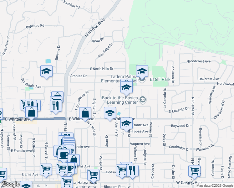 map of restaurants, bars, coffee shops, grocery stores, and more near 11861 Shadycrest Lane in La Habra