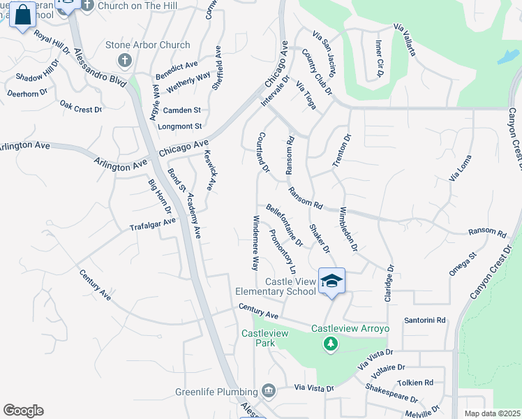 map of restaurants, bars, coffee shops, grocery stores, and more near 1554 Bellefontaine Drive in Riverside