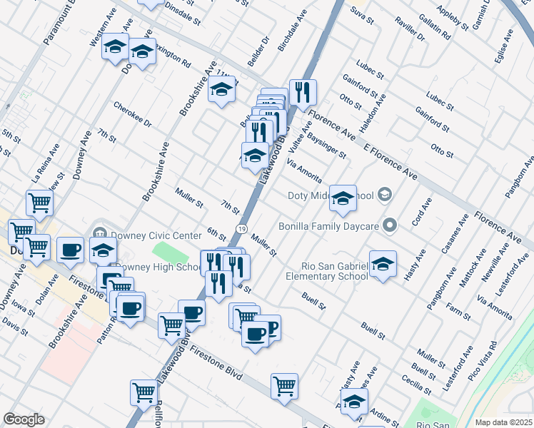 map of restaurants, bars, coffee shops, grocery stores, and more near 10506 Arrington Avenue in Downey