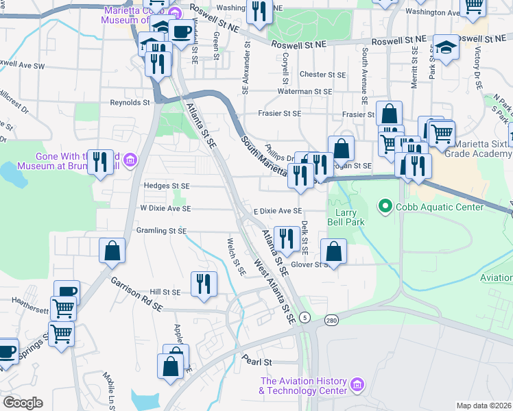 map of restaurants, bars, coffee shops, grocery stores, and more near 287 East Dixie Avenue Southeast in Marietta