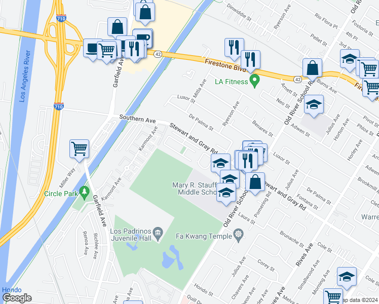 map of restaurants, bars, coffee shops, grocery stores, and more near 7150 Cole Street in Downey