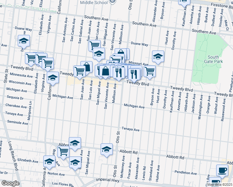 map of restaurants, bars, coffee shops, grocery stores, and more near 10024 Mallison Avenue in South Gate