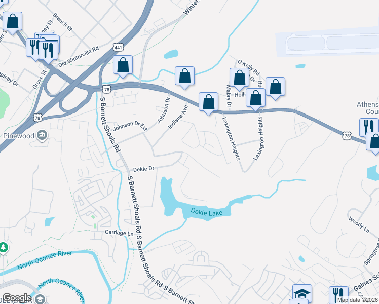 map of restaurants, bars, coffee shops, grocery stores, and more near 361 Edgewater Drive in Athens