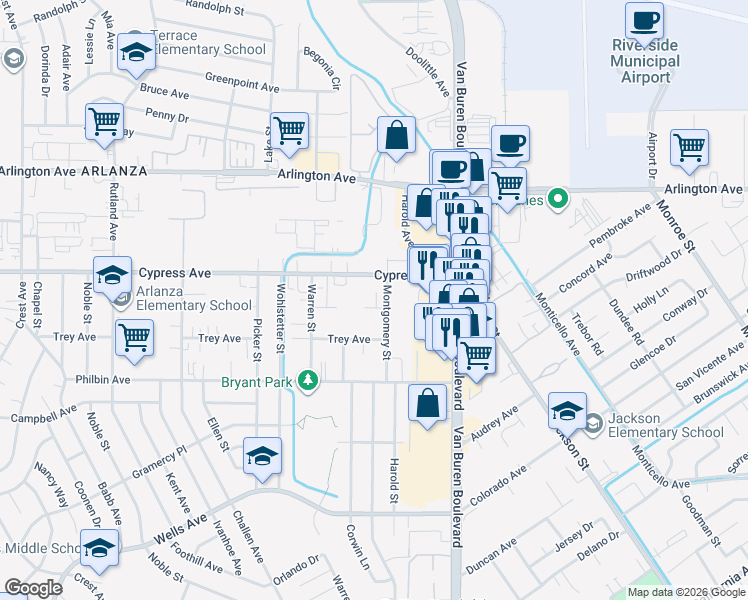 map of restaurants, bars, coffee shops, grocery stores, and more near 7721 Janet Avenue in Riverside