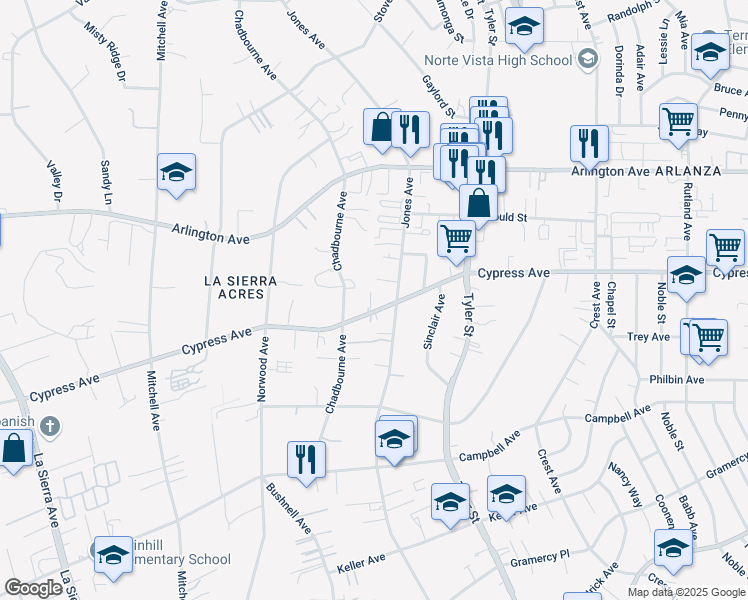 map of restaurants, bars, coffee shops, grocery stores, and more near 10441 Cypress Avenue in Riverside