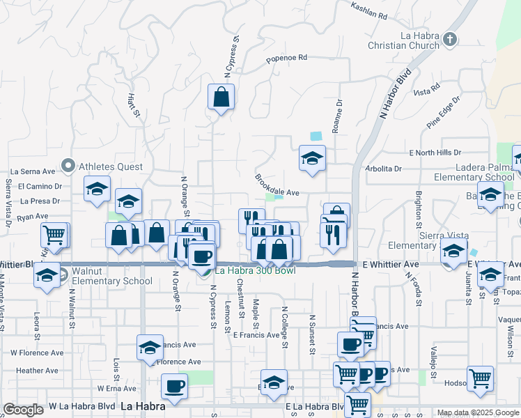 map of restaurants, bars, coffee shops, grocery stores, and more near 1041 East Hensel Drive in La Habra