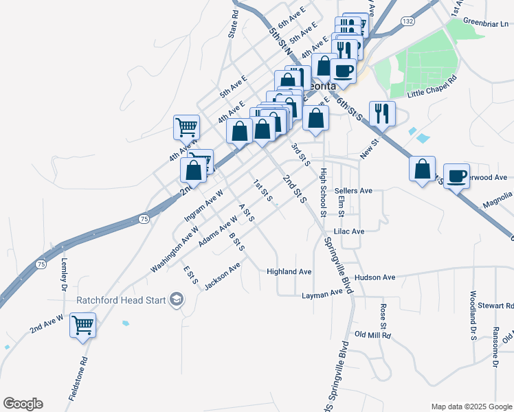 map of restaurants, bars, coffee shops, grocery stores, and more near 109 Adams Avenue West in Oneonta