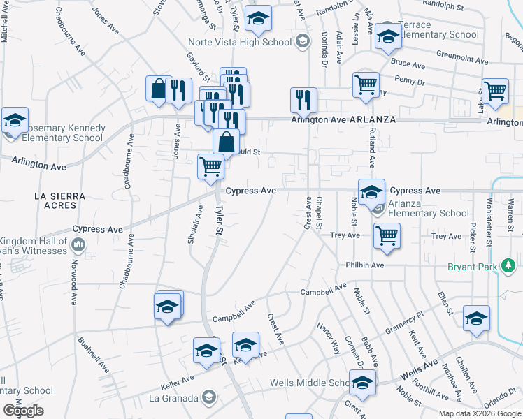 map of restaurants, bars, coffee shops, grocery stores, and more near 5968 Robinson Avenue in Riverside