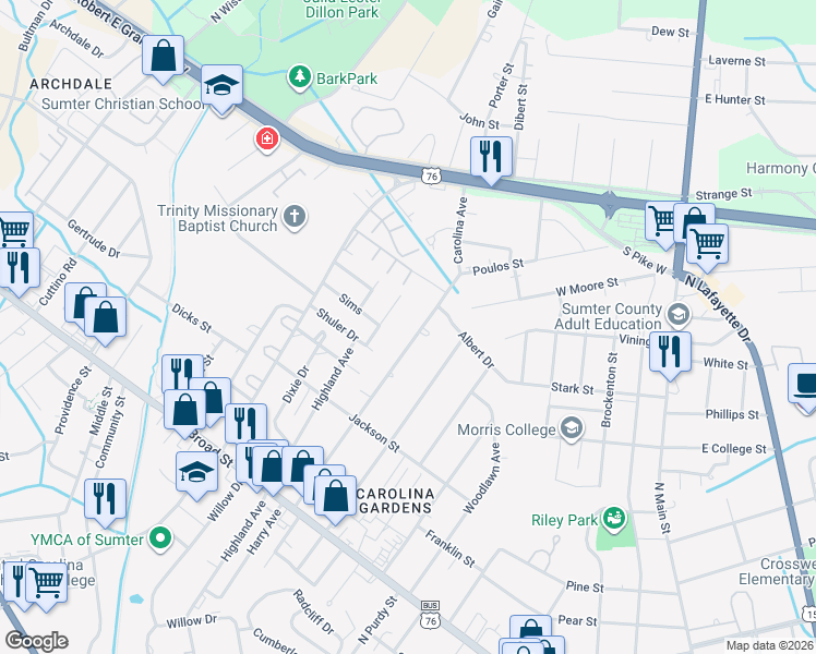 map of restaurants, bars, coffee shops, grocery stores, and more near 150 Carolina Avenue in Sumter