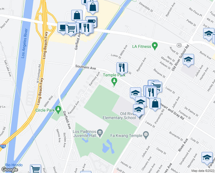 map of restaurants, bars, coffee shops, grocery stores, and more near 7120 Nada Street in Downey