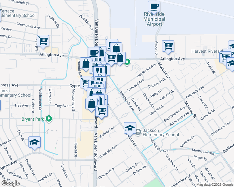 map of restaurants, bars, coffee shops, grocery stores, and more near 4865 Jackson Street in Riverside