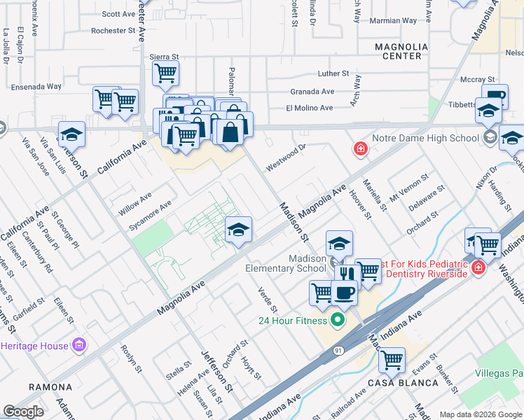 map of restaurants, bars, coffee shops, grocery stores, and more near 3862 San Marcos Avenue in Riverside