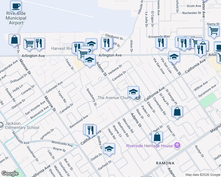 map of restaurants, bars, coffee shops, grocery stores, and more near 4398 Adams Street in Riverside