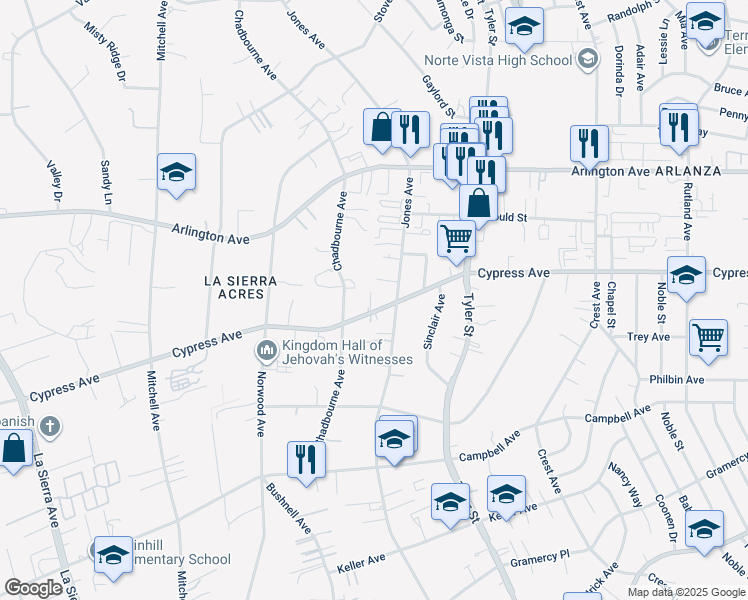 map of restaurants, bars, coffee shops, grocery stores, and more near 10441 Cypress Avenue in Riverside