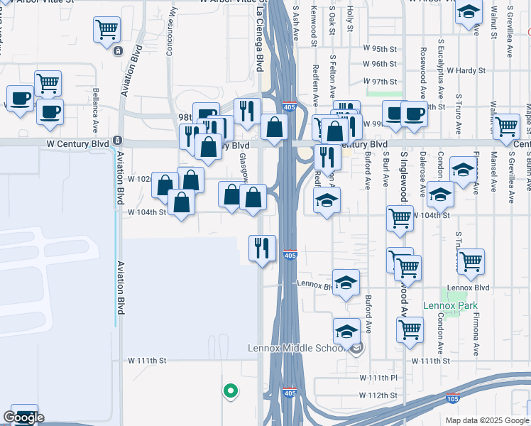 map of restaurants, bars, coffee shops, grocery stores, and more near 5157 West 104th Street in Lennox