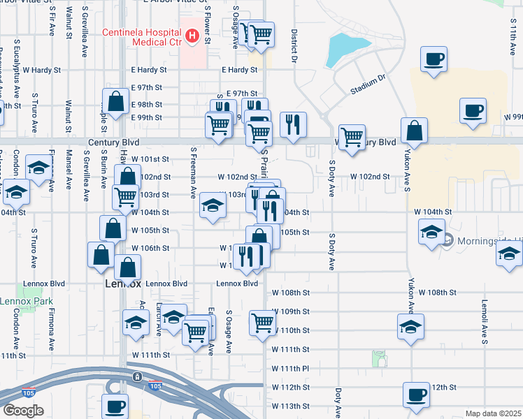 map of restaurants, bars, coffee shops, grocery stores, and more near 10329 South Prairie Avenue in Inglewood