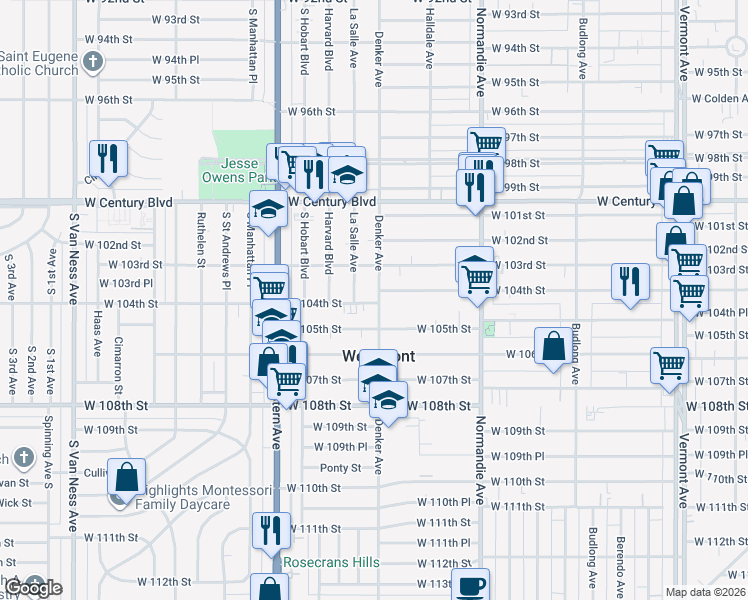 map of restaurants, bars, coffee shops, grocery stores, and more near 10409 Denker Avenue in Los Angeles