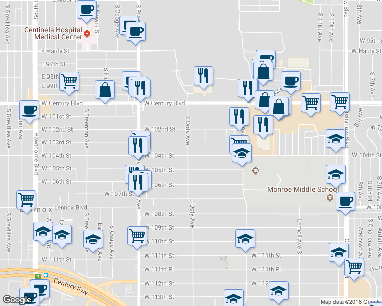 map of restaurants, bars, coffee shops, grocery stores, and more near 10324 Doty Avenue in Inglewood
