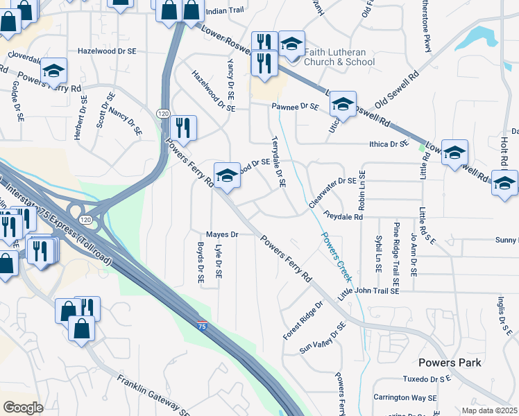 map of restaurants, bars, coffee shops, grocery stores, and more near 2059 Clearwater Drive Southeast in Marietta