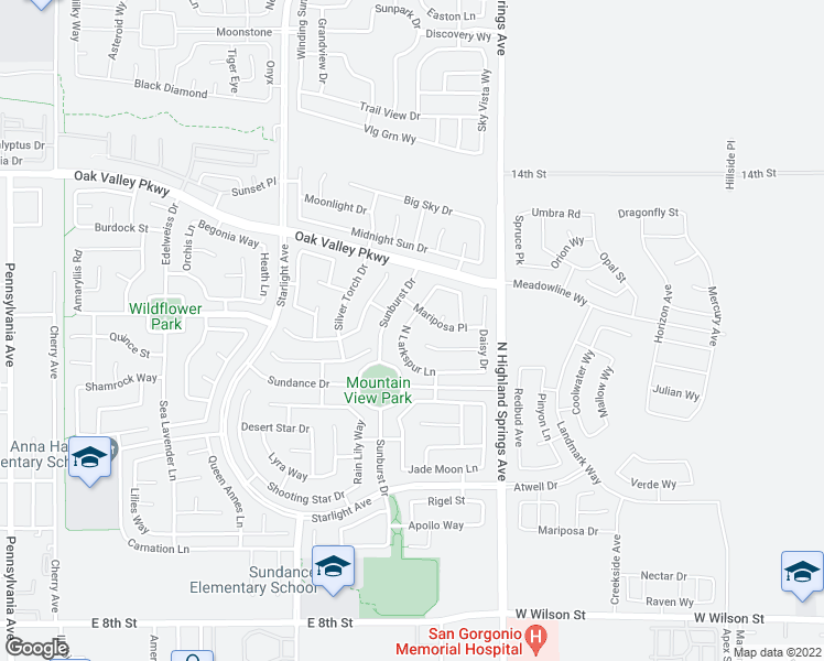 map of restaurants, bars, coffee shops, grocery stores, and more near 1278 North Larkspur Lane in Beaumont